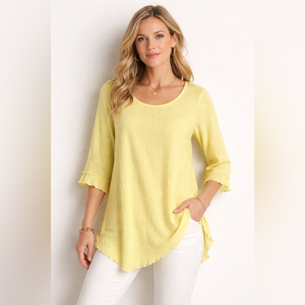 Soft Surroundings Tunic Top Womens M‎ Yellow Crinkle Cotton Flowy
